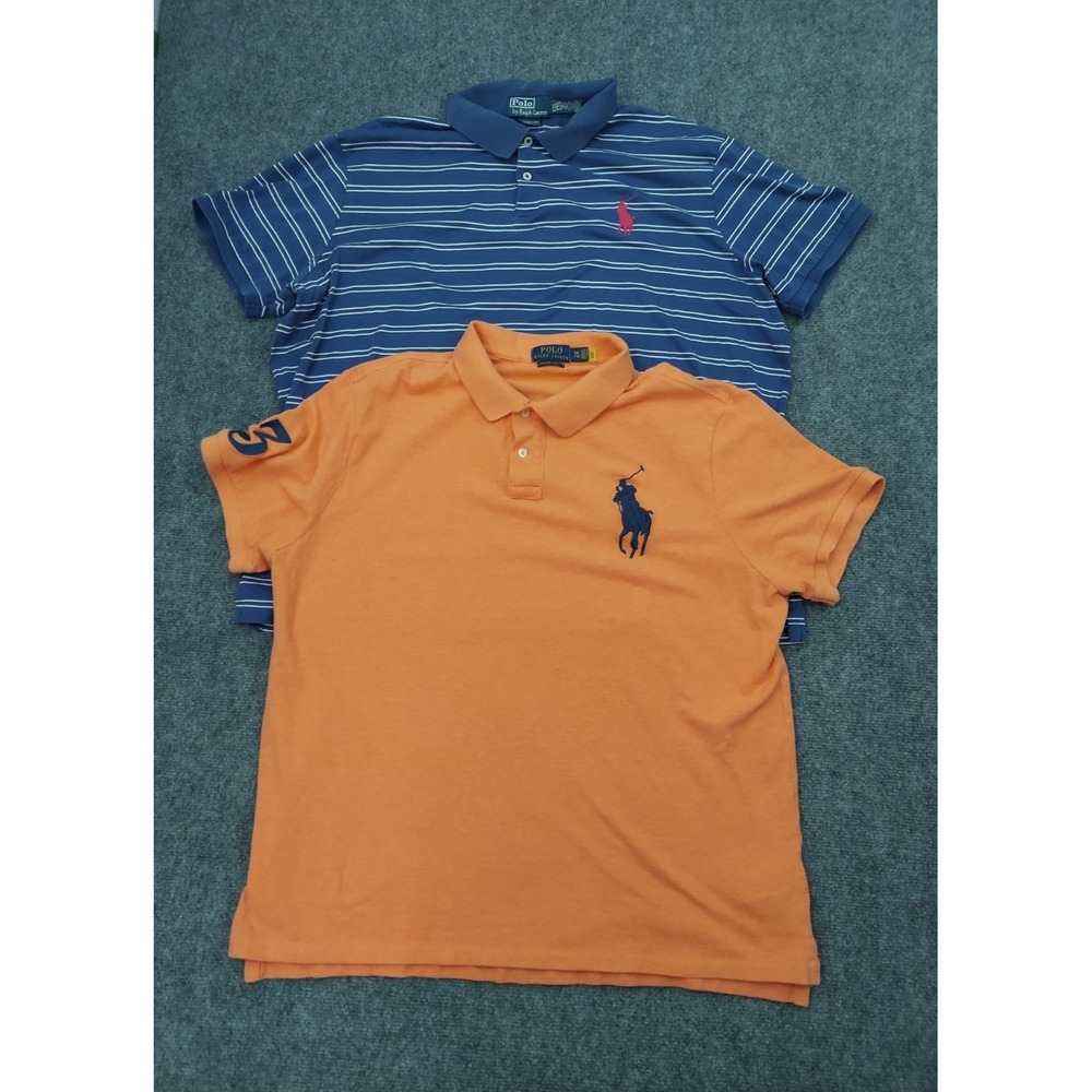 Lot 2 POLO RALPH LAUREN Shirt Mens 2XL Blue Striped Orange BIG PONY POLO Golf
